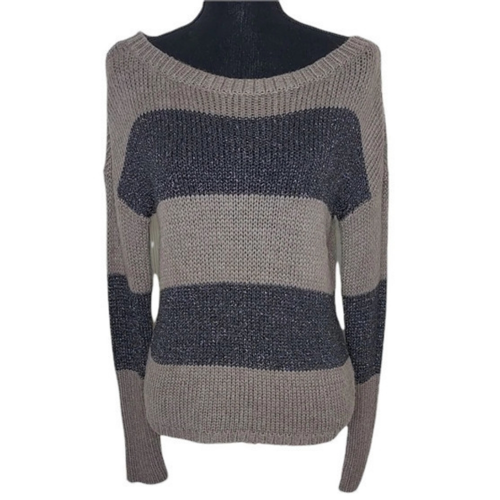 LOFT Women S 15% Wool Blend Taupe Metallic Silver Stripe Preppy Sweater